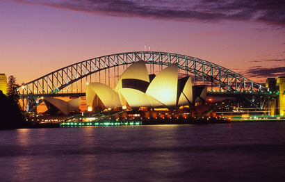 The Sydney Opera House, with the Sydney Harbour Bridge in the background